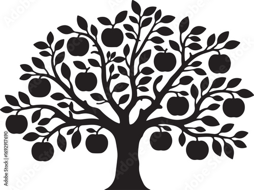 Black silhouette of an apple tree with fruit and leaves black and white