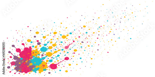 Vibrant abstract watercolor splash design with a rainbow of colorful ink drops and confetti