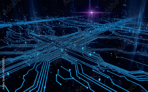 Abstract digital circuit board with glowing blue lines and nodes, representing data flow and connectivity in a futuristic network