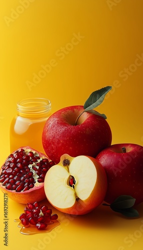 Juicy Red Apples and Pomegranate Pieces on Vibrant Yellow Backdrop With Honey...