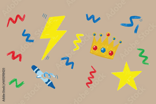 Bright yellow lightning bolt and crown with confetti on kraft paper