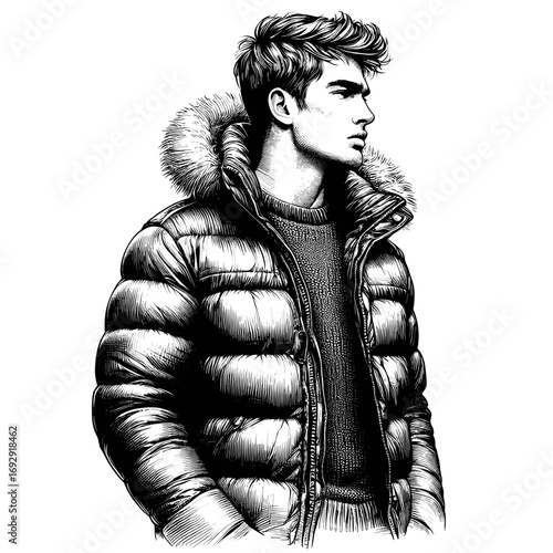 Man with puffer jacket looking sideways against plain background