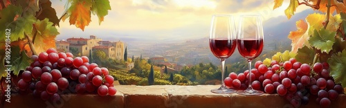 Sunset Over Vineyard With Red Wine Glasses and Grapes in Picturesque Countrys...