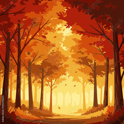 Autumn forest path with vibrant fall colors in a picturesque setting. Sunlight streams through the canopies of colorful trees creating a warm, inviting scene.
