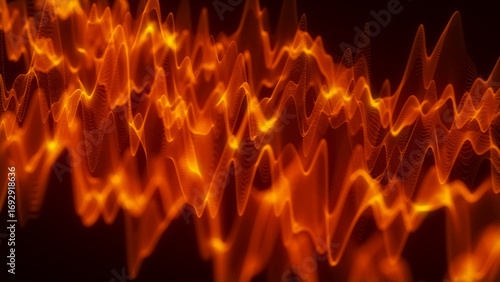 An abstract visualization of bright fiery waves shimmering in orange and yellow hues on a dark background. The illustration resembles an energy flow or a light audio wave.