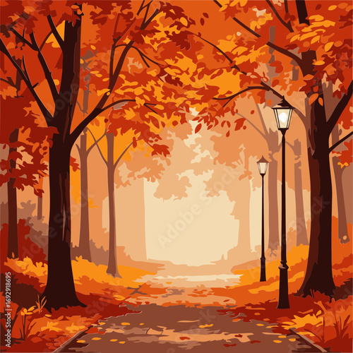 Autumnal park pathway with vibrant fall foliage and soft morning light. Tranquil scene with pathway lined by trees displaying brilliant red and orange foliage.