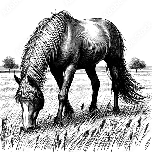 Horse grazing in field against rural background