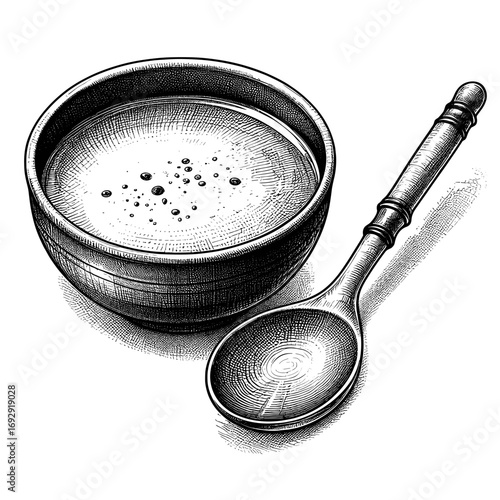 Bowl and spoon in sketch style in black and white for eating