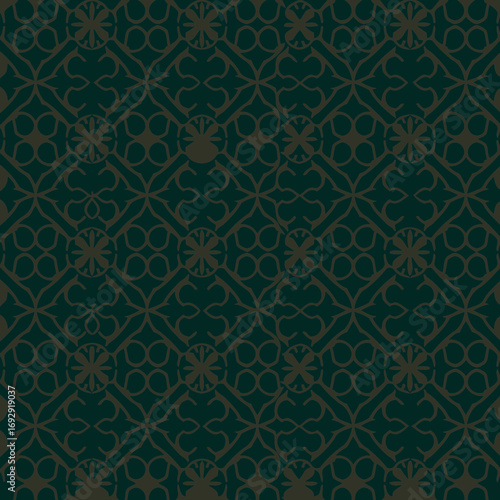 Dark teal repeating geometric pattern with light taupe floral accents. Intricate symmetrical design with no people or objects.