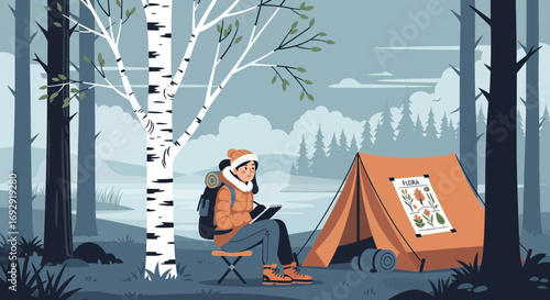Adventurous female traveler in cozy attire sketching flora near tent in serene forest setting