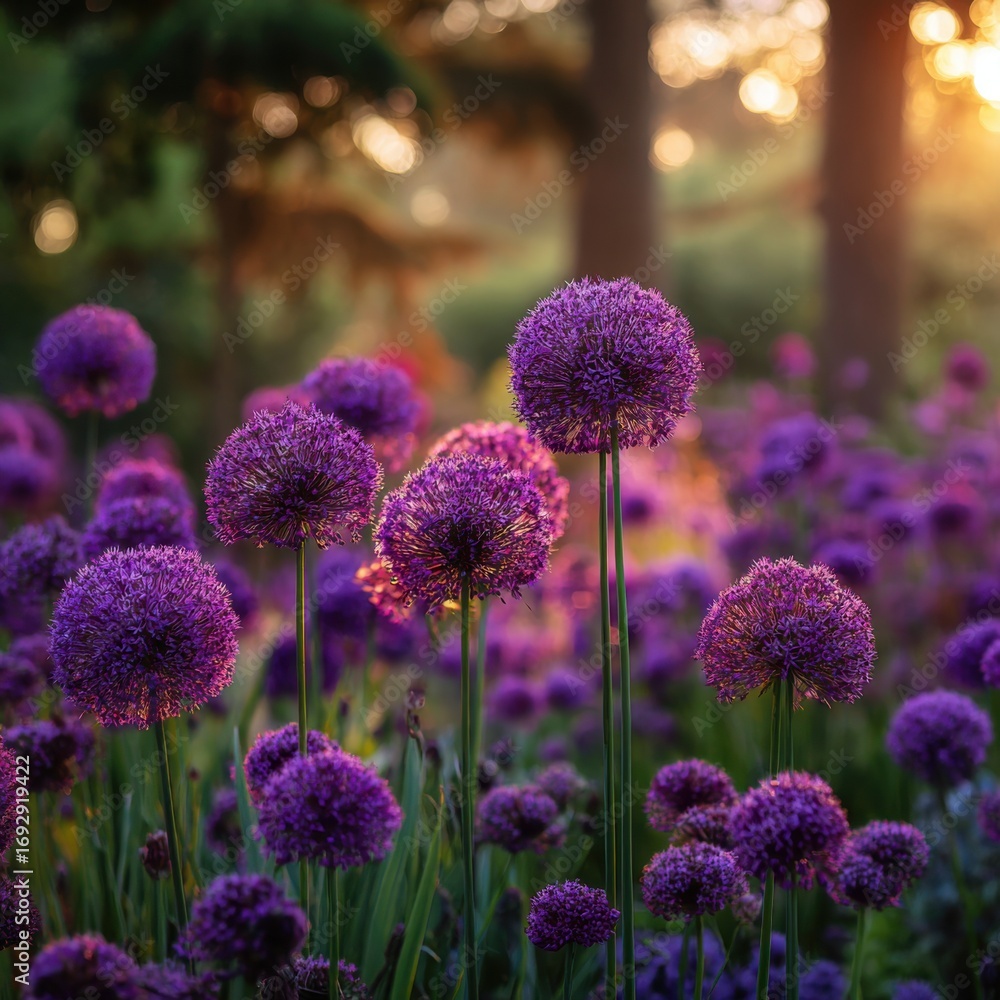 Obraz premium Purple allium blossoms in a garden at sunset