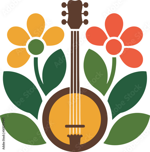 Banjo Blooms Artistic Composition Instrument with Floral Accents and Earthy Tones Design