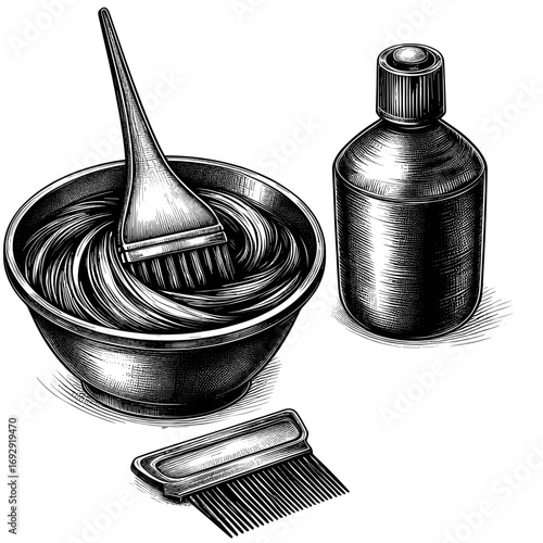 Hair dyeing tools in sketch style in black and white for coloring