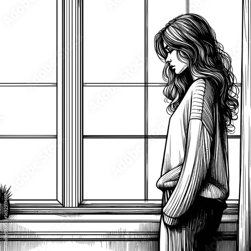 Woman standing pensive by window