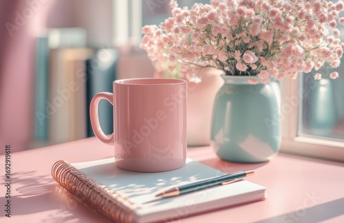 Warm Coffee Cup and Blooming Flowers on Window Sill During Peaceful Morning.