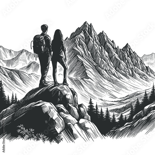Two hikers gazing at mountain range