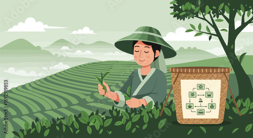 Illustration of a tea picker harvesting leaves on a lush green plantation background landscape