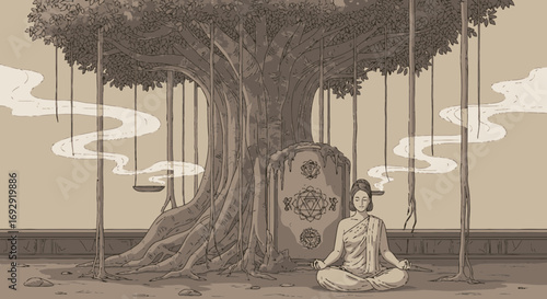 Illustration of a woman meditating under a Bodhi tree with chakra symbols and smoke