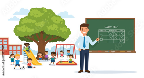 Illustrative scene of a teacher and students in a schoolyard environment cartoon style