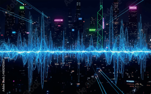 Digital sound wave visualization over a blurred cityscape at night with neon lights and glowing lines, representing data and technology