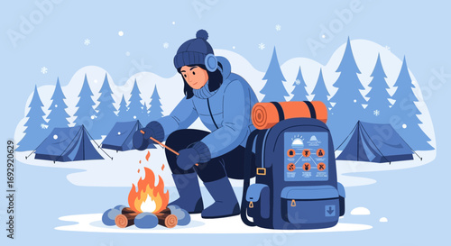 Woman camping alone near a campfire in a winter landscape illustration graphic vector for