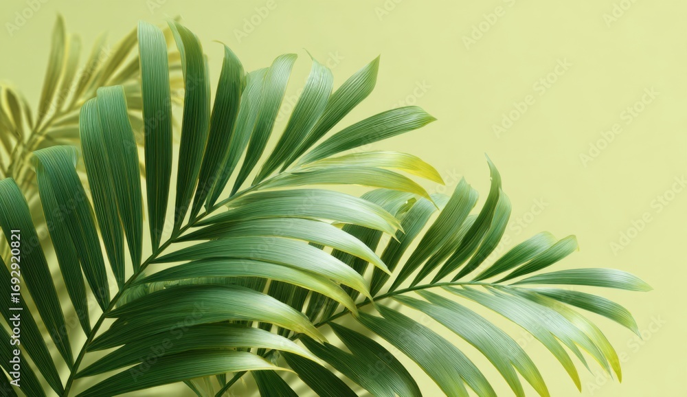 Fototapeta premium Close-up of vibrant palm fronds against a pale green backdrop