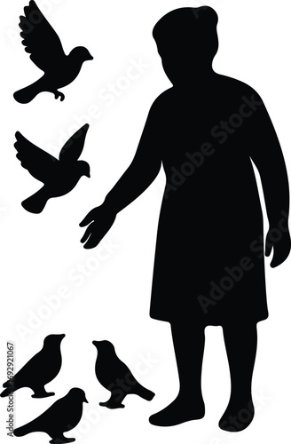 Vector Grandma feeds doves silhouette Illustrator