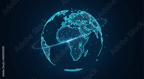 A futuristic digital world map with a bright light on a dark blue background, depicting a global business communication network