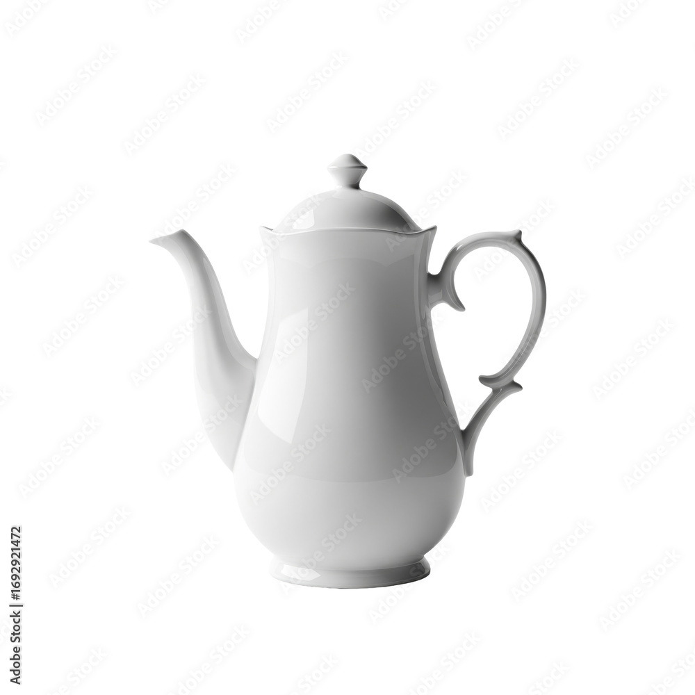 Fototapeta premium A pristine white porcelain coffee pot with a curved handle on a transparent background