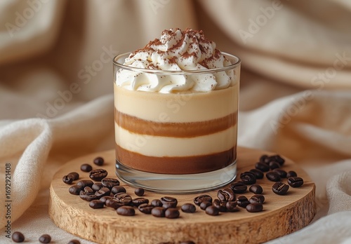 Delicious Layered Dessert Served in a Glass on a Wooden Board With Coffee Beans.