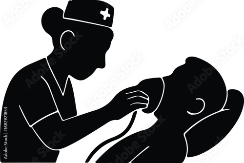 Vector Nurse providing oxygen mask to patient silhouette Illustrator