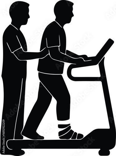 Vector Physical therapist assisting patient on treadmill silhouette Illustrator