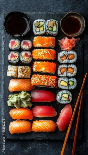 Delicious Sushi Platter Featuring Various Rolls and Sashimi Arranged on a Dar...