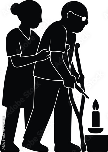 Vector Senior man supported by a woman at night silhouette Illustrator