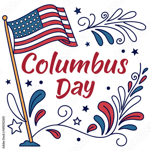Festive columbus day design featuring an american flag stars and decorative floral elements perfect for holiday greetings and celebration graphics
