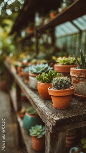 Variety of Cacti and Succulents Arranged on Wooden Shelves in Greenhouse Duri...