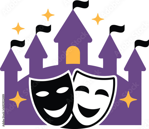 Dramatic Castle with Theater Masks on Transparent Backdrop for Artistic Presentations
