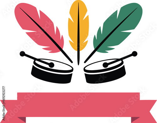 Festive Drums and Feathers Design with Ribbon Banner for Cultural Event Promotions