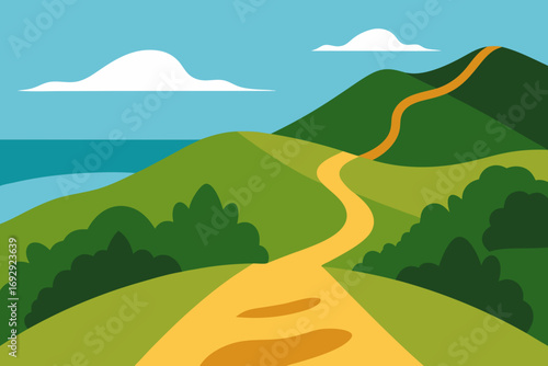 Winding yellow path through green hills towards the ocean and sky