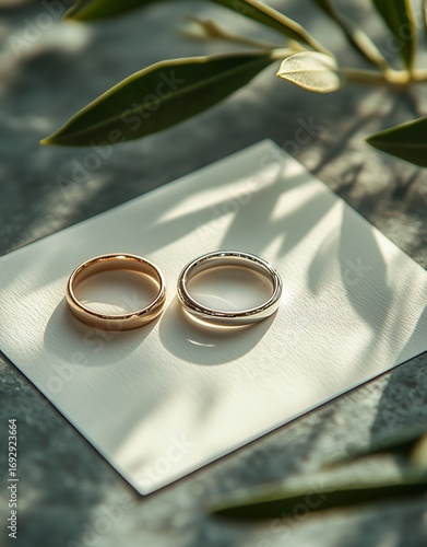 Elegant Wedding Rings Placed on Textured Surface With Soft Shadows and Greenery