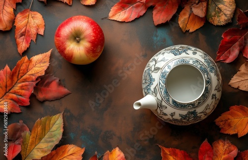 Autumn Arrangement With Red Apple and Teapot Surrounded by Colorful Leaves on...