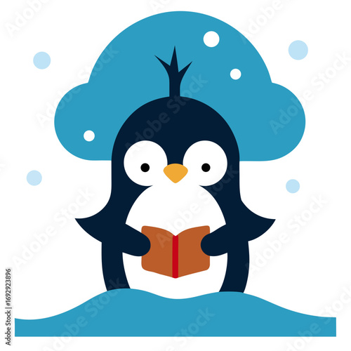 Charming penguin character reading a book under a stylized snowy tree during a gentle winter night