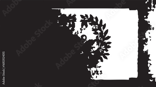 Ornate floral wreath with dark abstract shape black white