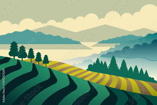 Stylized landscape with rolling hills trees and distant mountains under a cloudy sky