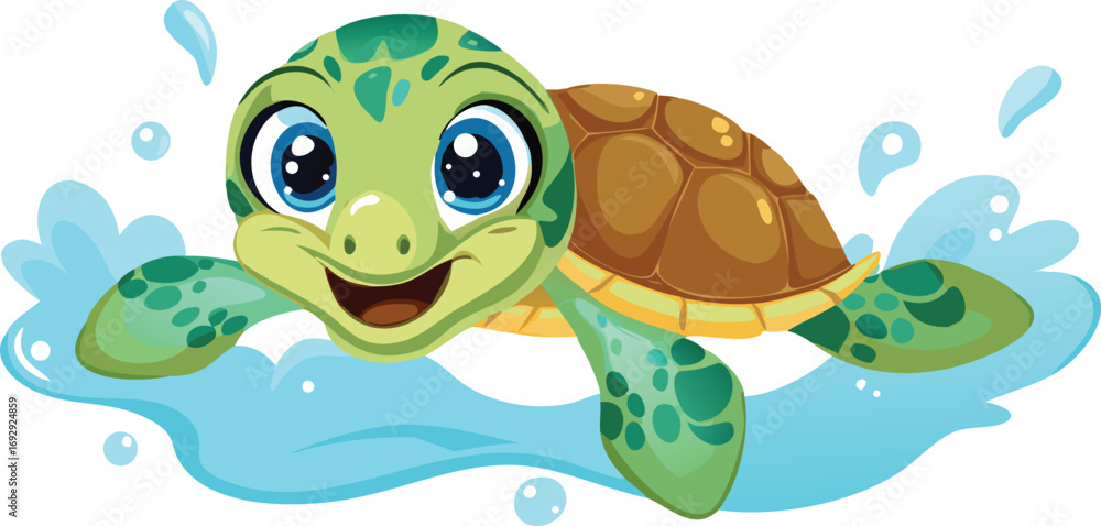 Obraz premium A cheerful green frog and a smiling turtle are having fun in the blue ocean