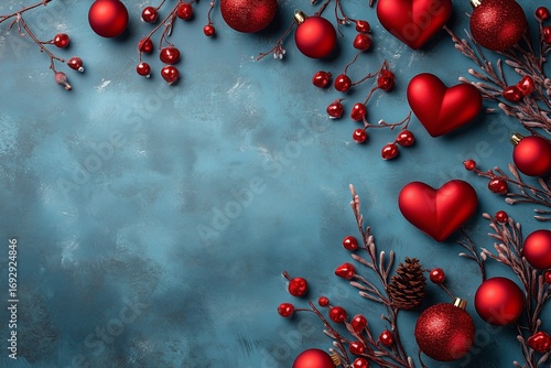 Decorative Red Ornaments and Hearts Arranged on a Blue Background for a Festi...