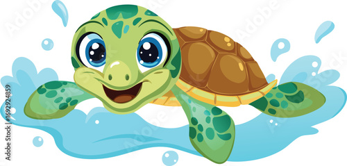 A cheerful green frog and a smiling turtle are having fun in the blue ocean