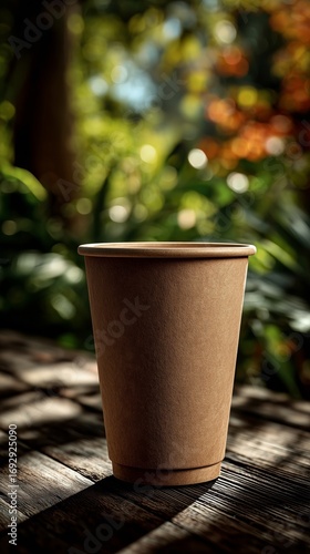 Coffee Cup Placed on a Wooden Table Surrounded by Lush Greenery in a Sunny Park.