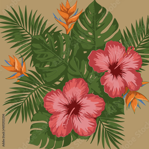Tropical hibiscus and palm leaves design on a burlap background. Vibrant floral arrangement with various tropical leaves and hibiscus flowers, set against a neutral backdrop.