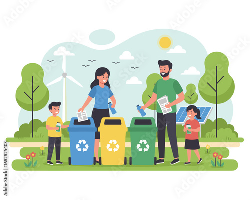 Eco-Friendly Family: A vibrant illustration shows a family actively recycling and promoting environmental responsibility within a flourishing, eco-conscious community.